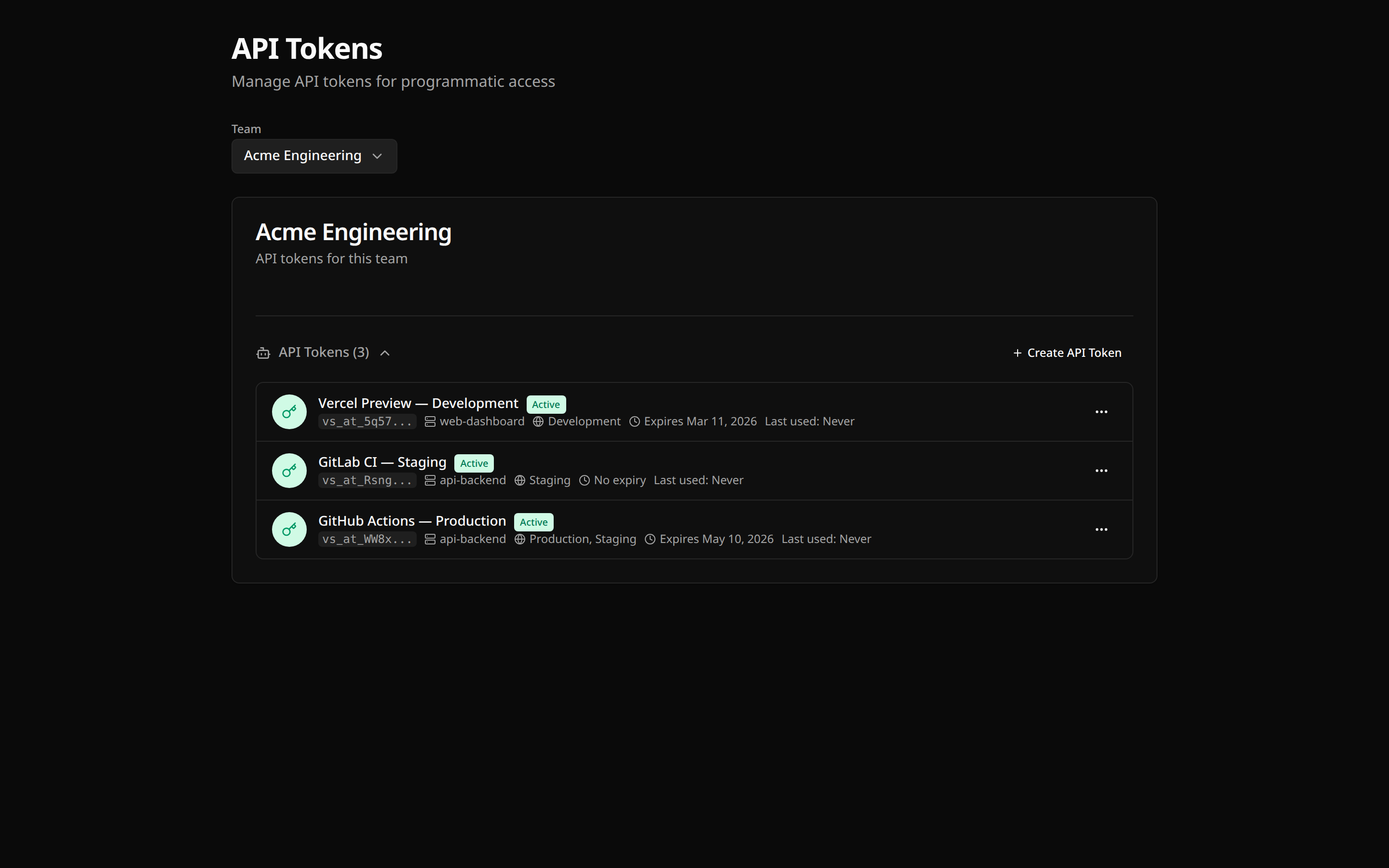 API tokens page